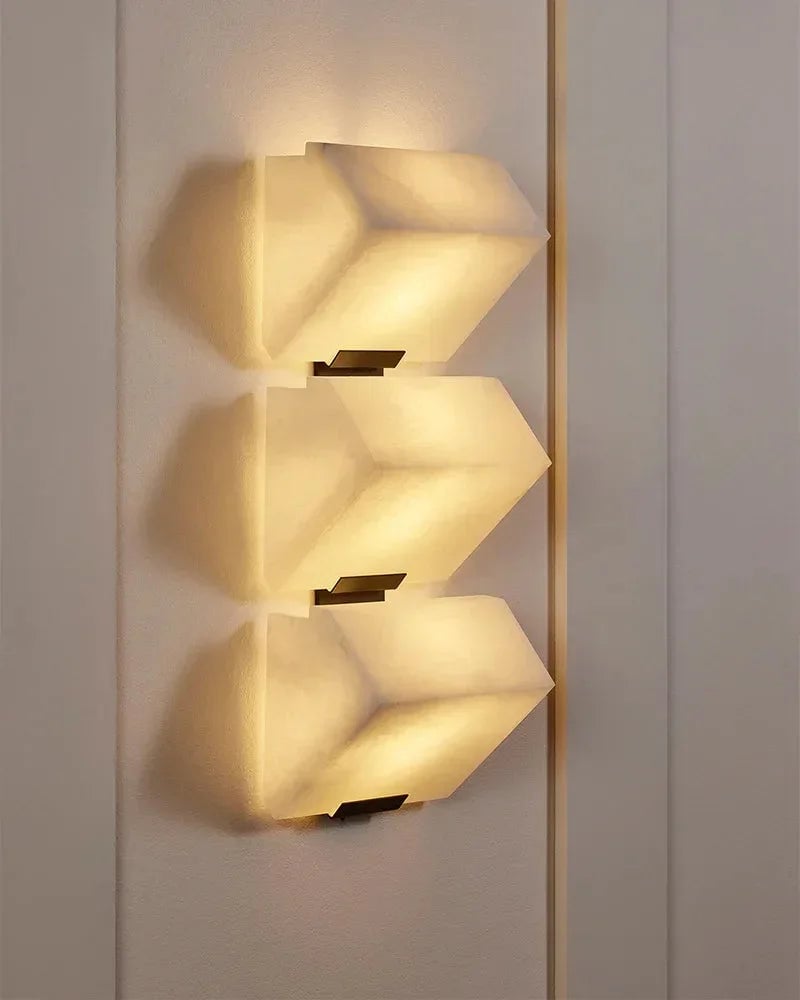 LightsStory Series Geometric Wall Sconce | Angular Alabaster Block Hand-Carved Natural Alabaster, Matte Brushed Black finish for Living Rooms and Hallways Flush Mounted Wall Sconce Lamp
