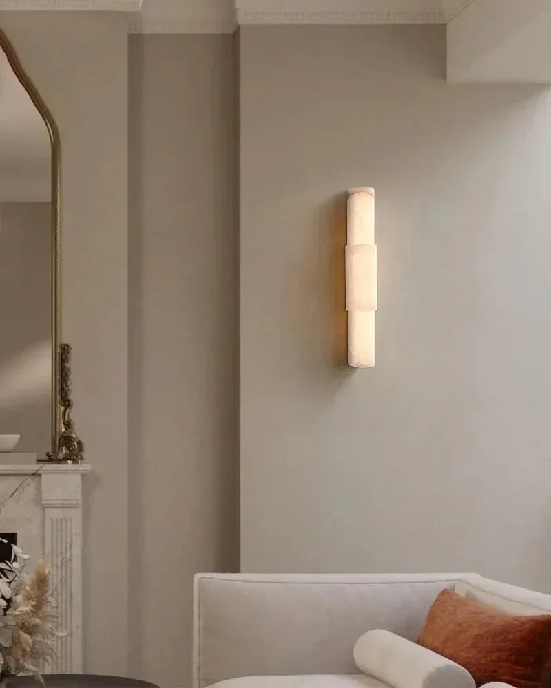 LightsStory Series Geometric Wall Sconce | Cylindrical Stone Hand-finished natural white alabaster stone and solid metal, Polished metal finish for Bedrooms, hallways, and dining spaces Modern Art Design Wall Lamp