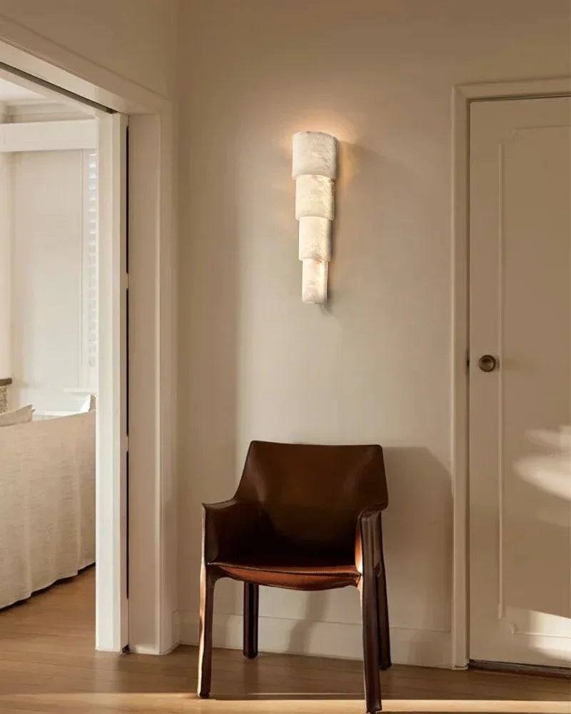 LightsStory Series Geometric Wall Sconce | Cylindrical Stone Hand-finished natural white alabaster stone and solid metal, Polished metal finish for Bedrooms, hallways, and dining spaces Modern Art Design Wall Lamp