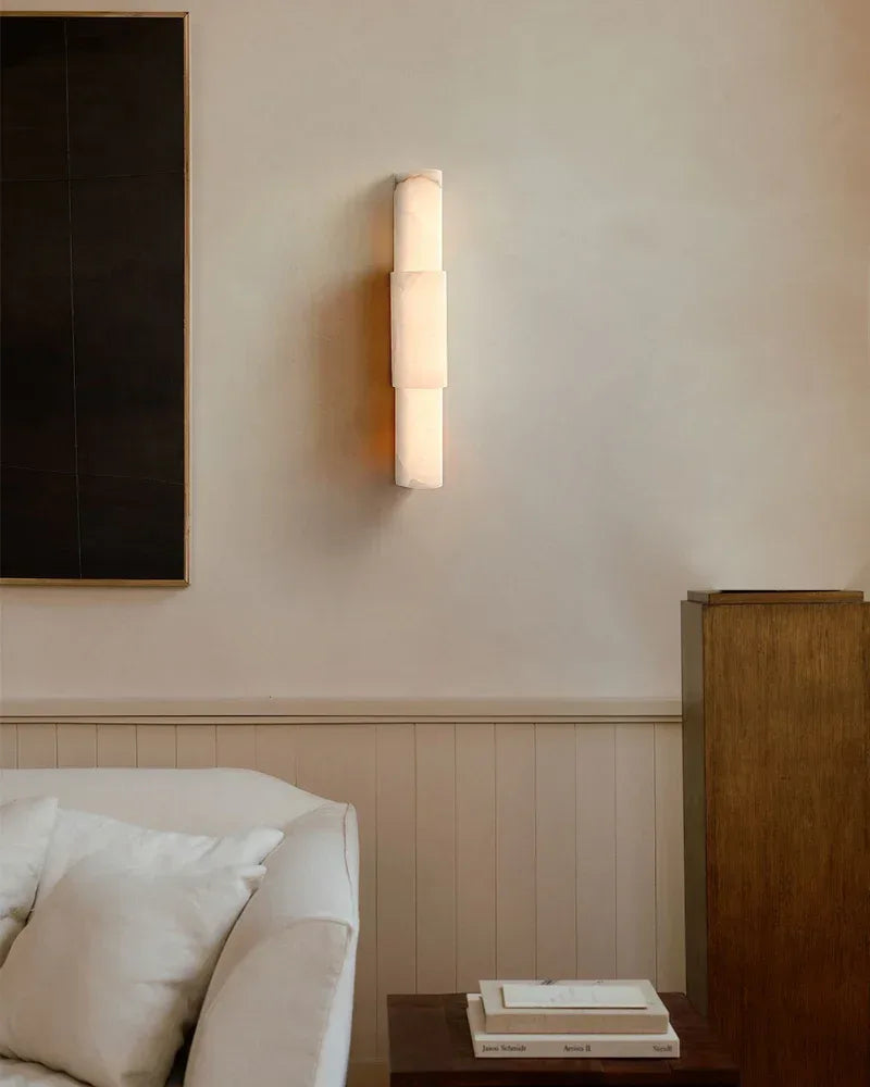 LightsStory Series Geometric Wall Sconce | Cylindrical Stone Hand-finished natural white alabaster stone and solid metal, Polished metal finish for Bedrooms, hallways, and dining spaces Modern Art Design Wall Lamp