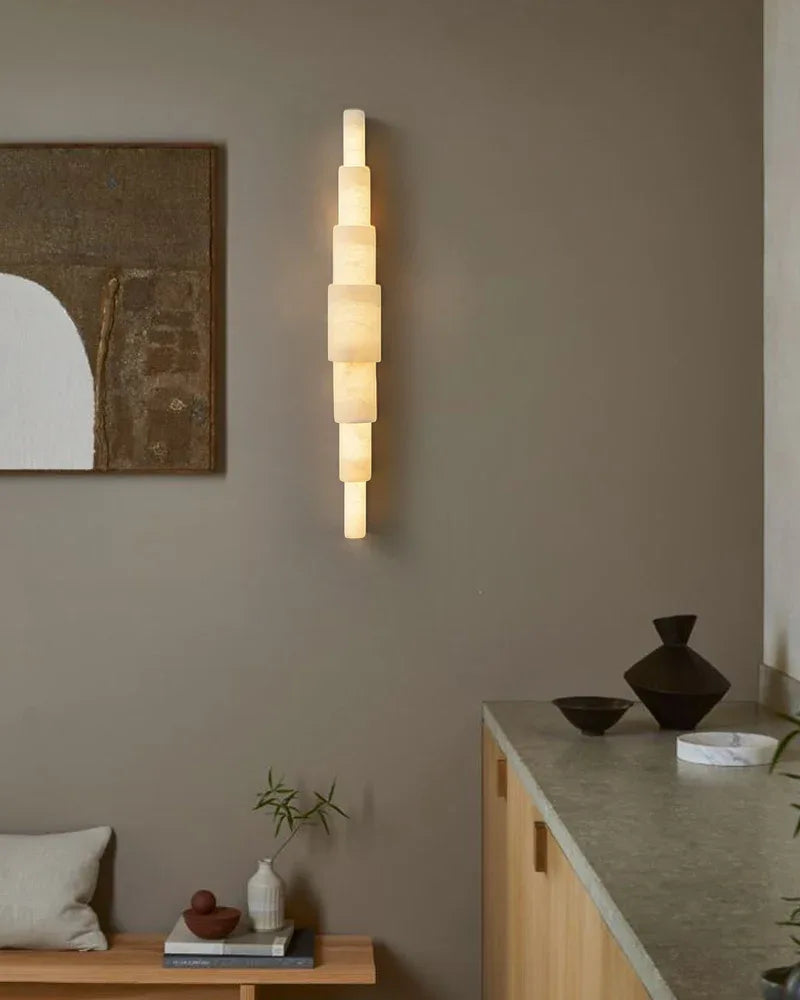 LightsStory Series Geometric Wall Sconce | Cylindrical Stone Hand-finished natural white alabaster stone and solid metal, Polished metal finish for Bedrooms, hallways, and dining spaces Modern Art Design Wall Lamp