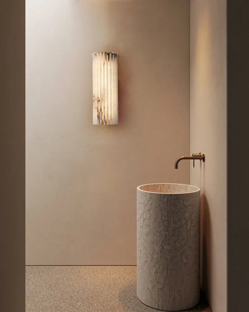 LightsStory Series Geometric Wall Sconce | Flush-mount Hand-carved Spanish Alabaster and Aged Brass, Aged Brass finish for hallways, bedrooms, and accent walls Brass Aged Wall Sconces