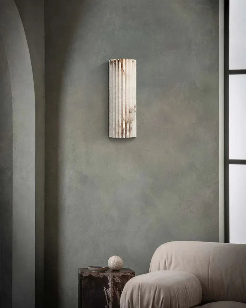 LightsStory Series Geometric Wall Sconce | Flush-mount Hand-carved Spanish Alabaster and Aged Brass, Aged Brass finish for hallways, bedrooms, and accent walls Brass Aged Wall Sconces