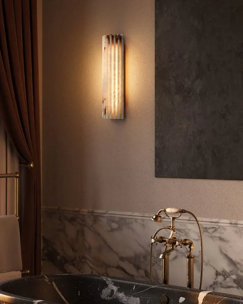 LightsStory Series Geometric Wall Sconce | Flush-mount Hand-carved Spanish Alabaster and Aged Brass, Aged Brass finish for hallways, bedrooms, and accent walls Brass Aged Wall Sconces