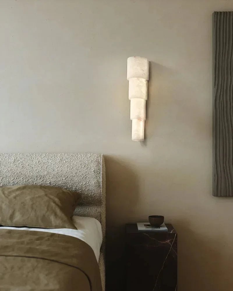 LightsStory Series Geometric Wall Sconce | Half Cylinder Hand-finished natural white alabaster stone and solid metal, Polished metal finish for Bedrooms, hallways, and dining spaces Modern Art Design Wall Lamp