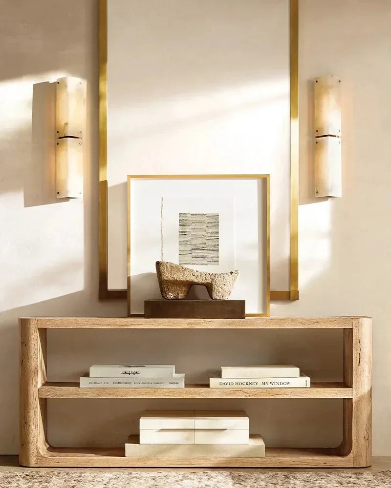 LightsStory Series Geometric Wall Sconce | Hand-Carved Alabaster Hand-Carved Natural Alabaster and Durable Brass, Premium Black and Brass finish for Modern Living Rooms and Hallways Flush Mounted Wall Sconce Lamp