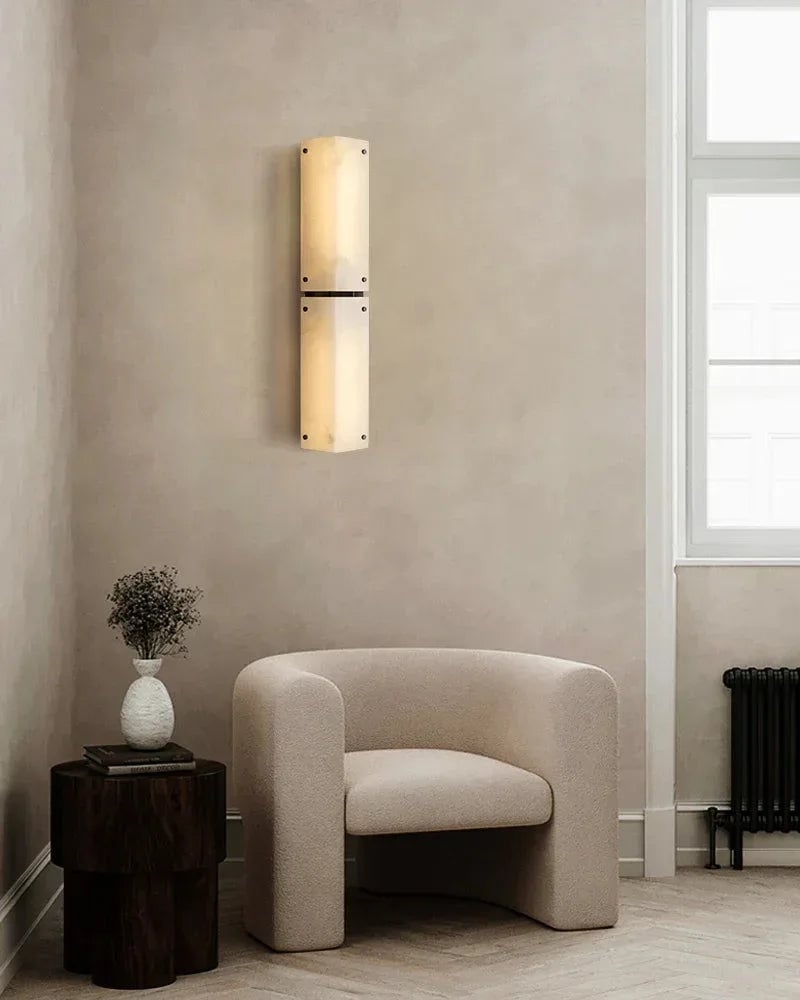 LightsStory Series Geometric Wall Sconce | Hand-Carved Alabaster Hand-Carved Natural Alabaster and Durable Brass, Premium Black and Brass finish for Modern Living Rooms and Hallways Flush Mounted Wall Sconce Lamp