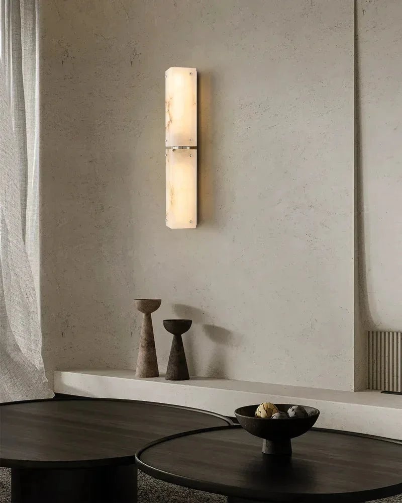 LightsStory Series Geometric Wall Sconce | Hand-Carved Alabaster Hand-Carved Natural Alabaster and Durable Brass, Premium Black and Brass finish for Modern Living Rooms and Hallways Flush Mounted Wall Sconce Lamp