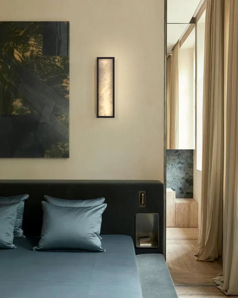 LightsStory Series Geometric Wall Sconce | Long Oval Natural Alabaster shade with durable iron framework, Black Brass finish for Dining rooms, bedrooms, and living areas Modern Art Design Wall Lamp