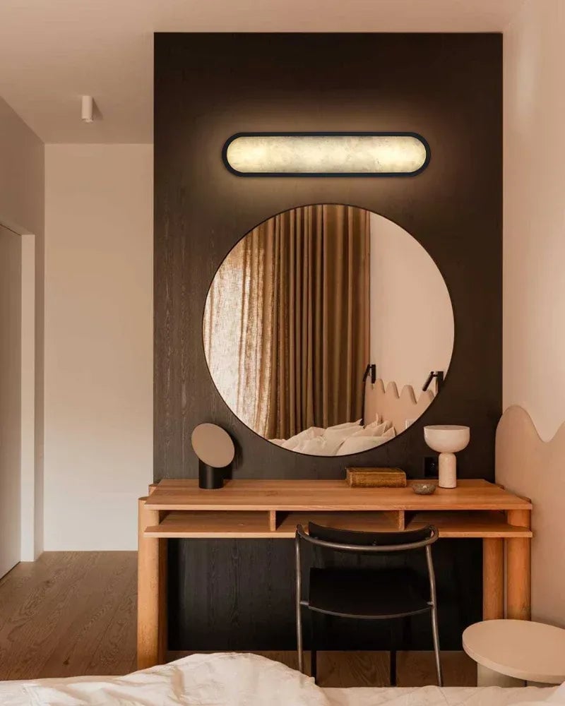LightsStory Series Geometric Wall Sconce | Long Oval Natural Alabaster shade with durable iron framework, Black Brass finish for Dining rooms, bedrooms, and living areas Modern Art Design Wall Lamp