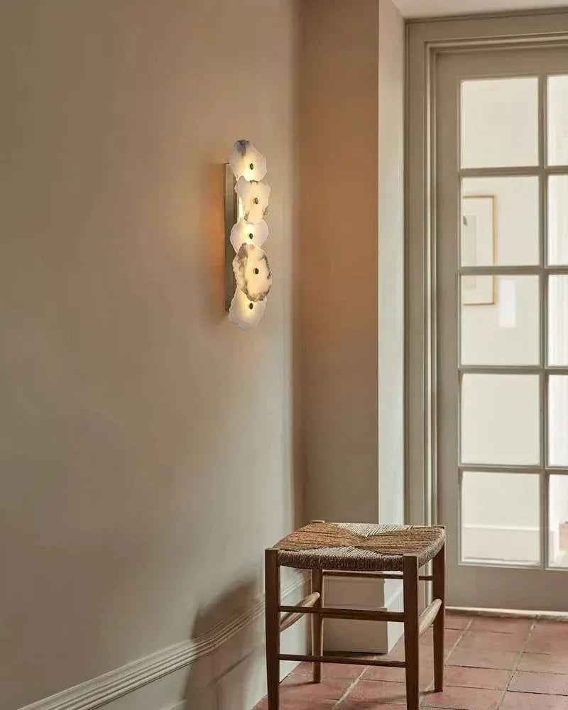 LightsStory Series Geometric Wall Sconce | Multi-head Sculptural Natural White Marble with Polished Brass and Gold Accents, Polished Brass for Modern Living Rooms and Hallways Modern Art Design Wall Lamp