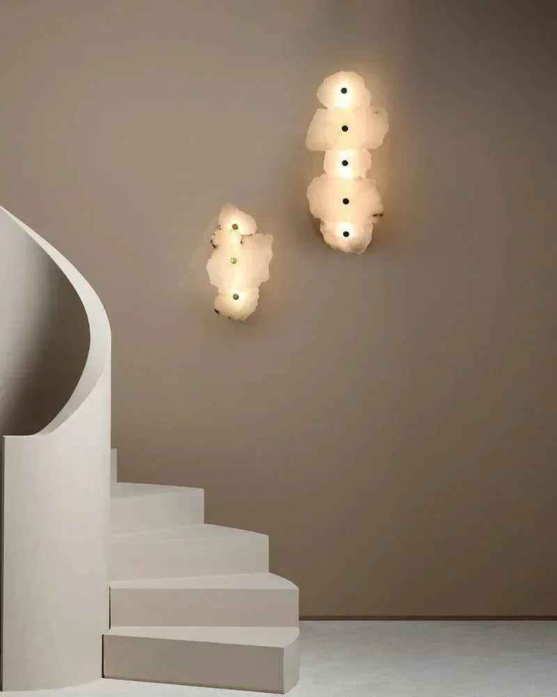 LightsStory Series Geometric Wall Sconce | Sculptural Double-Head Natural white marble with polished brass and gold accents, Polished Brass with Gold Accents for Stairwells and Corridors Modern Art Design Wall Lamp