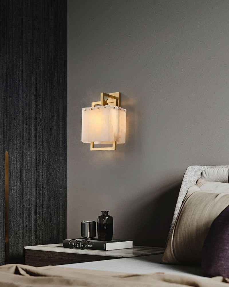LightsStory Series Geometric Wall Sconce | Square Hand-carved natural marble, Polished Brass for Hallways and upscale residential interiors Flush Mounted Wall Sconce Lamp