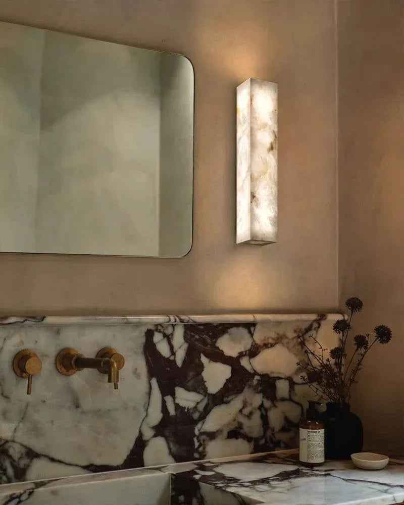 LightsStory Series Geometric Wall Sconce | Square Silhouette Solid Cloud Stone with unique veins and natural texture, Natural Stone finish for Halls, bedrooms, and covered indoor accents Flush Mounted Wall Sconce Lamp