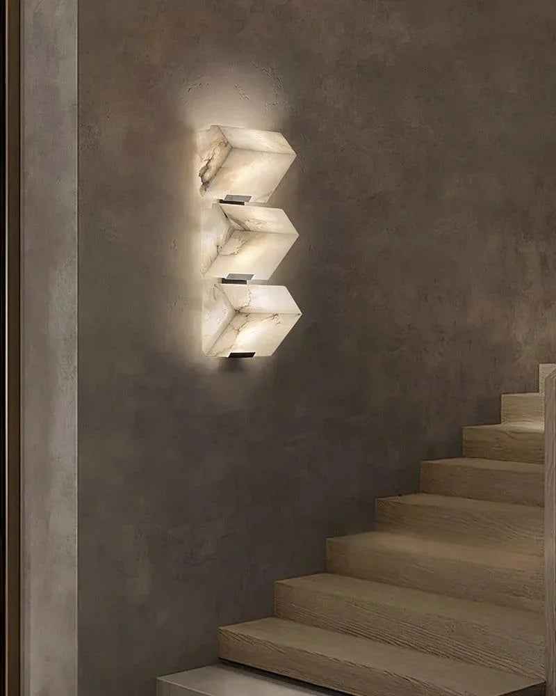 LightsStory Series Geometric Wall Sconce | Triple Sloping Block Hand-Carved Natural Alabaster Stone, Matte Black and Brass finish for Modern Living Rooms and Hallways Flush Mounted Wall Sconce Lamp