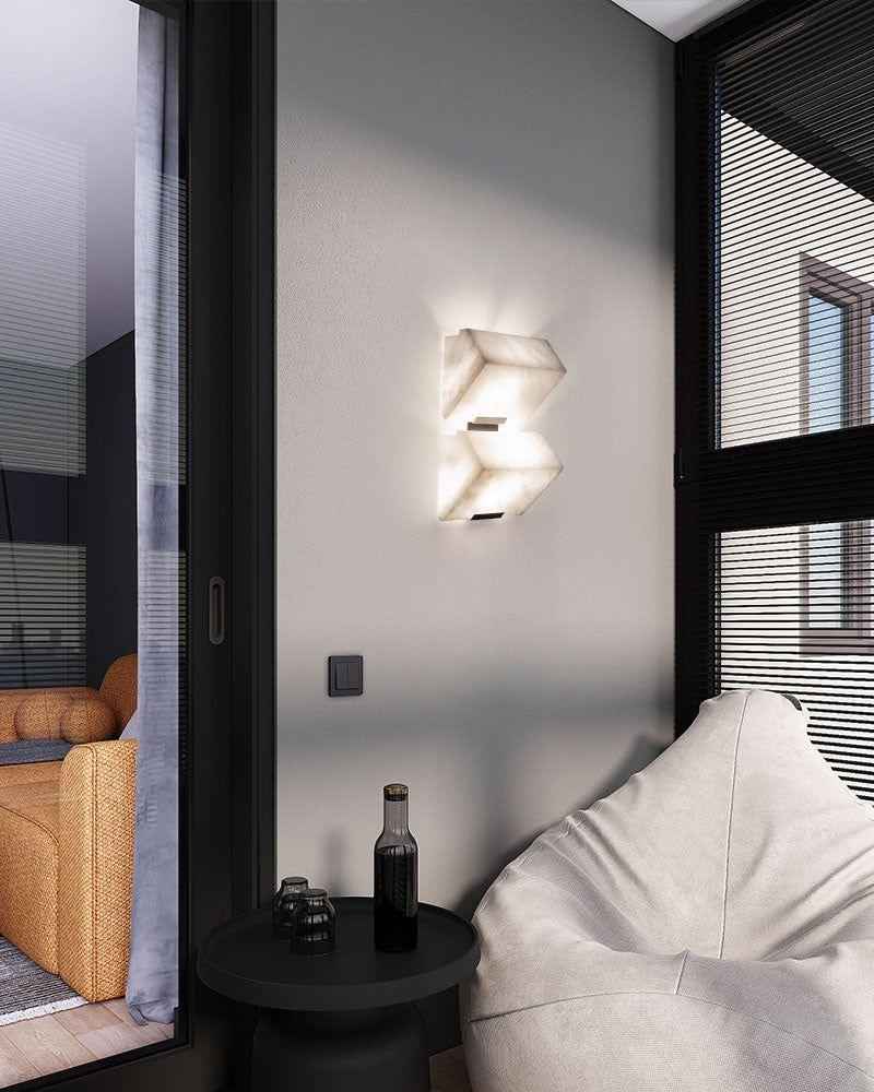 LightsStory Series Geometric Wall Sconce | Triple Sloping Block Hand-Carved Natural Alabaster Stone, Matte Black and Brass finish for Modern Living Rooms and Hallways Flush Mounted Wall Sconce Lamp