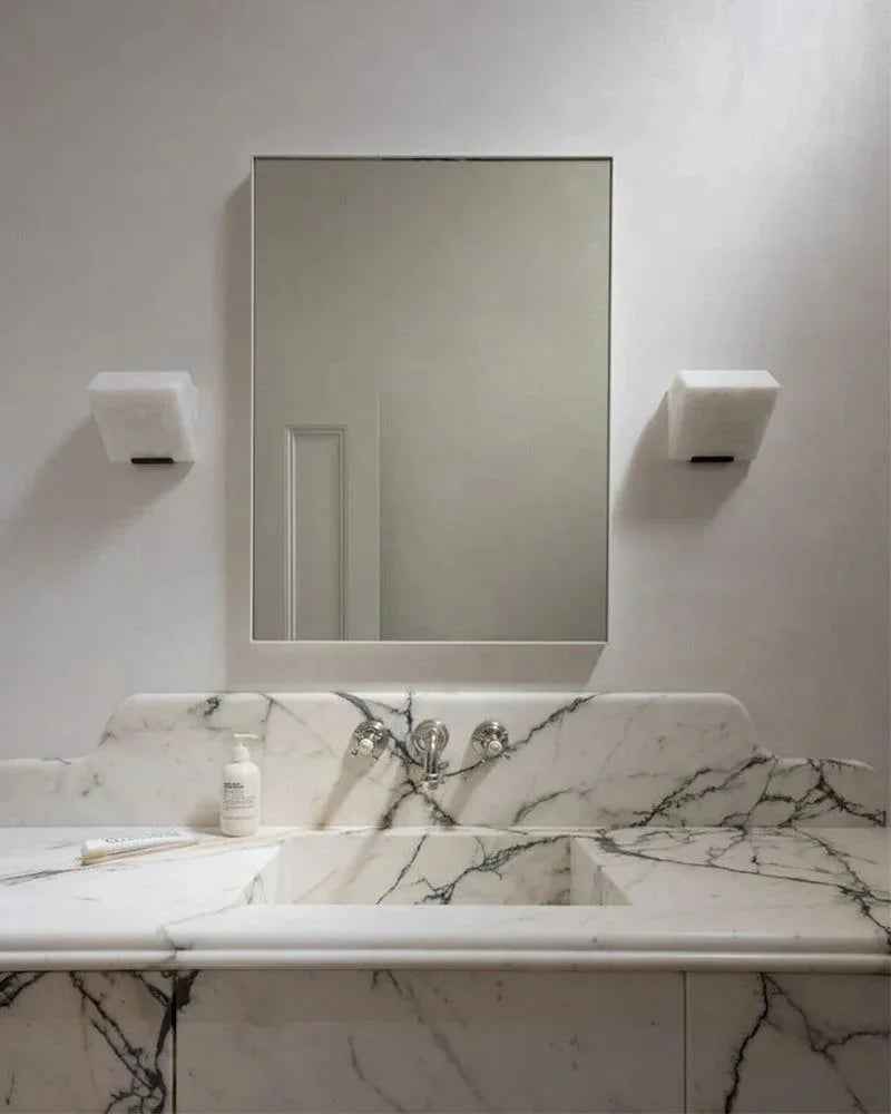 LightsStory Series Geometric Wall Sconce | Triple Sloping Block Hand-Carved Natural Alabaster Stone, Matte Black and Brass finish for Modern Living Rooms and Hallways Flush Mounted Wall Sconce Lamp