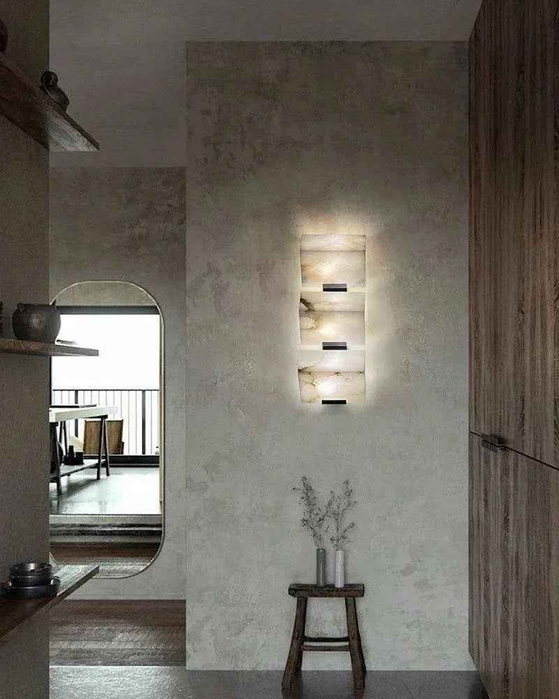 LightsStory Series Geometric Wall Sconce | Triple Sloping Block Hand-Carved Natural Alabaster Stone, Matte Black and Brass finish for Modern Living Rooms and Hallways Flush Mounted Wall Sconce Lamp