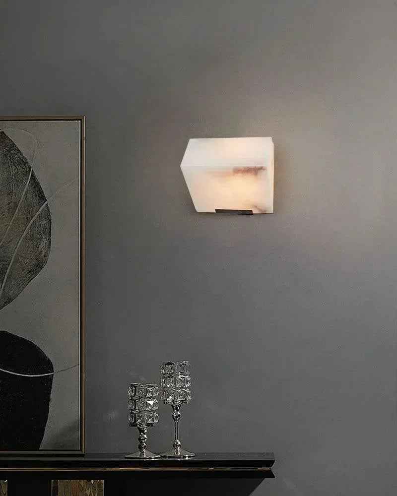 LightsStory Series Geometric Wall Sconce | Triple Sloping Block Hand-Carved Natural Alabaster Stone, Matte Black and Brass finish for Modern Living Rooms and Hallways Flush Mounted Wall Sconce Lamp