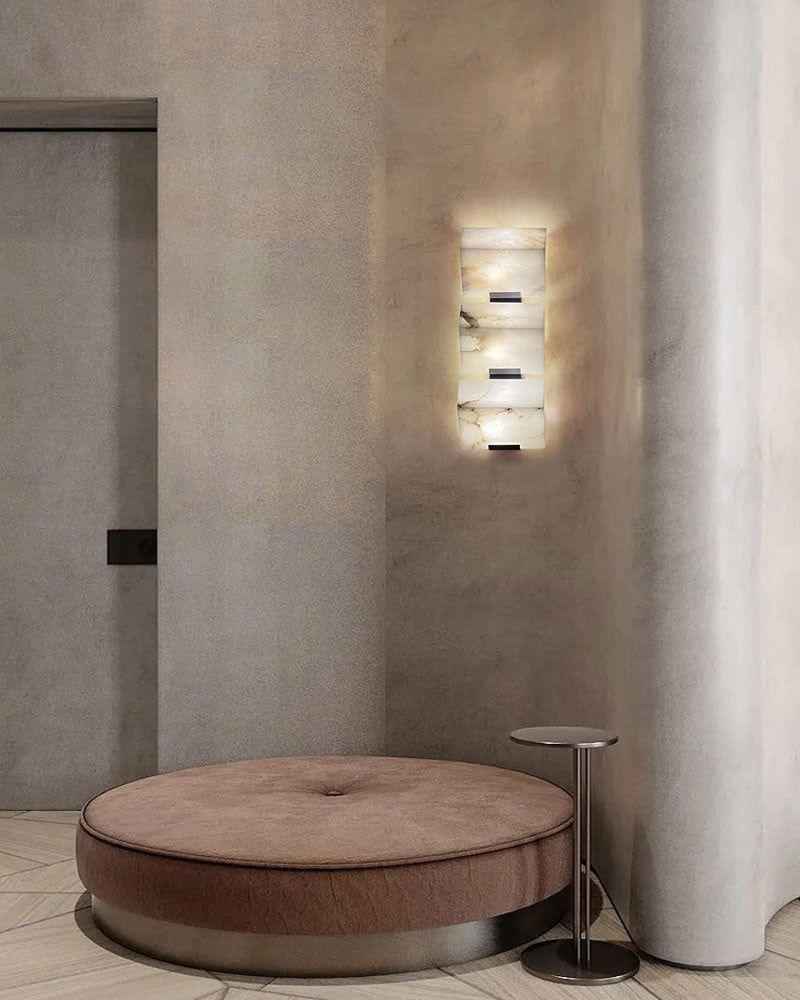 LightsStory Series Geometric Wall Sconce | Triple Sloping Block Hand-Carved Natural Alabaster Stone, Matte Black and Brass finish for Modern Living Rooms and Hallways Flush Mounted Wall Sconce Lamp