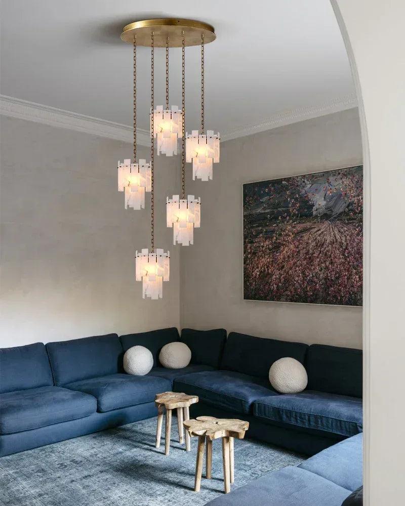 LightsStory Series Grand Chandelier | Dual-Tier Smooth Alabaster Marble, Antique Brass finish for Dining Rooms and Bedrooms Luxury Modern Chandelier