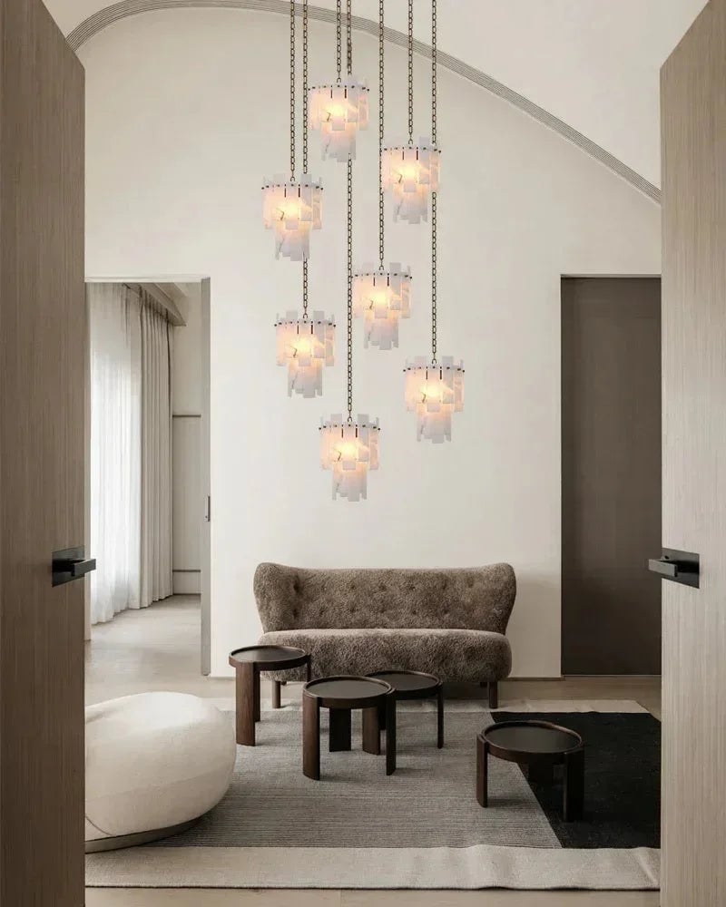LightsStory Series Grand Chandelier | Dual-Tier Smooth Alabaster Marble, Antique Brass finish for Dining Rooms and Bedrooms Luxury Modern Chandelier