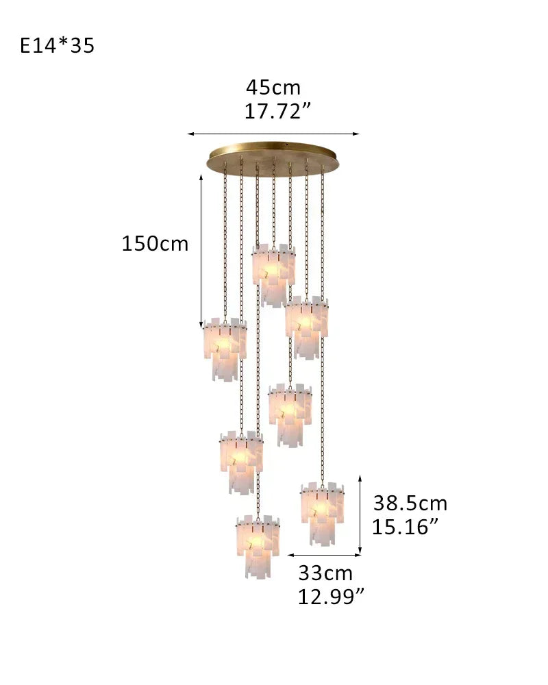 LightsStory Series Grand Chandelier | Dual-Tier Smooth Alabaster Marble, Antique Brass finish for Dining Rooms and Bedrooms 7-light-D33*H38.5CM D12.99“*H15.16"-Round Board Brass Luxury Modern Chandelier