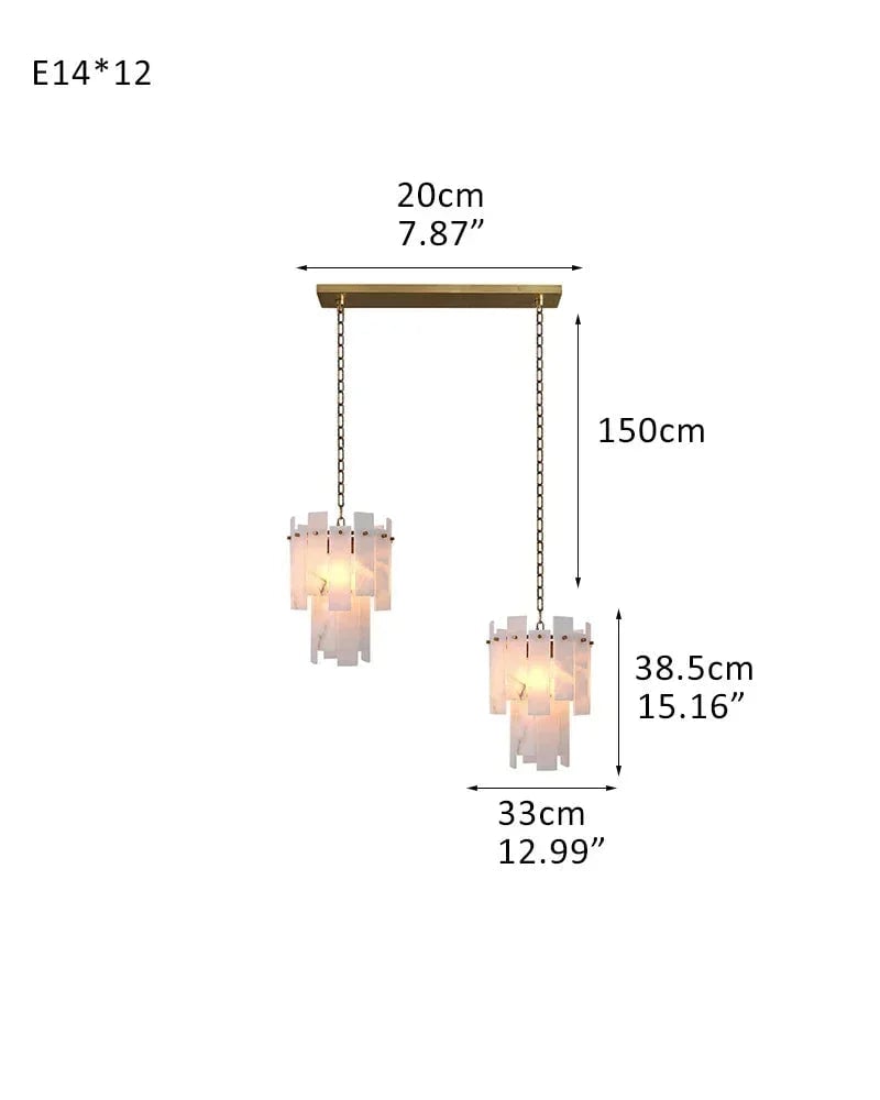 LightsStory Series Grand Chandelier | Dual-Tier Smooth Alabaster Marble, Antique Brass finish for Dining Rooms and Bedrooms 2-light-D33*H38.5CM D12.99“*H15.16"-Linear Board Brass Luxury Modern Chandelier