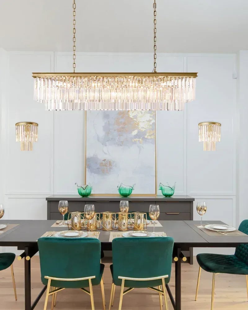 LightsStory Series Grand Chandelier | Rectangular Tier Multi-crystal droplets with iron frame, Gold iron frame for Dining rooms, entries, and living areas American Vintage chandelier lamp