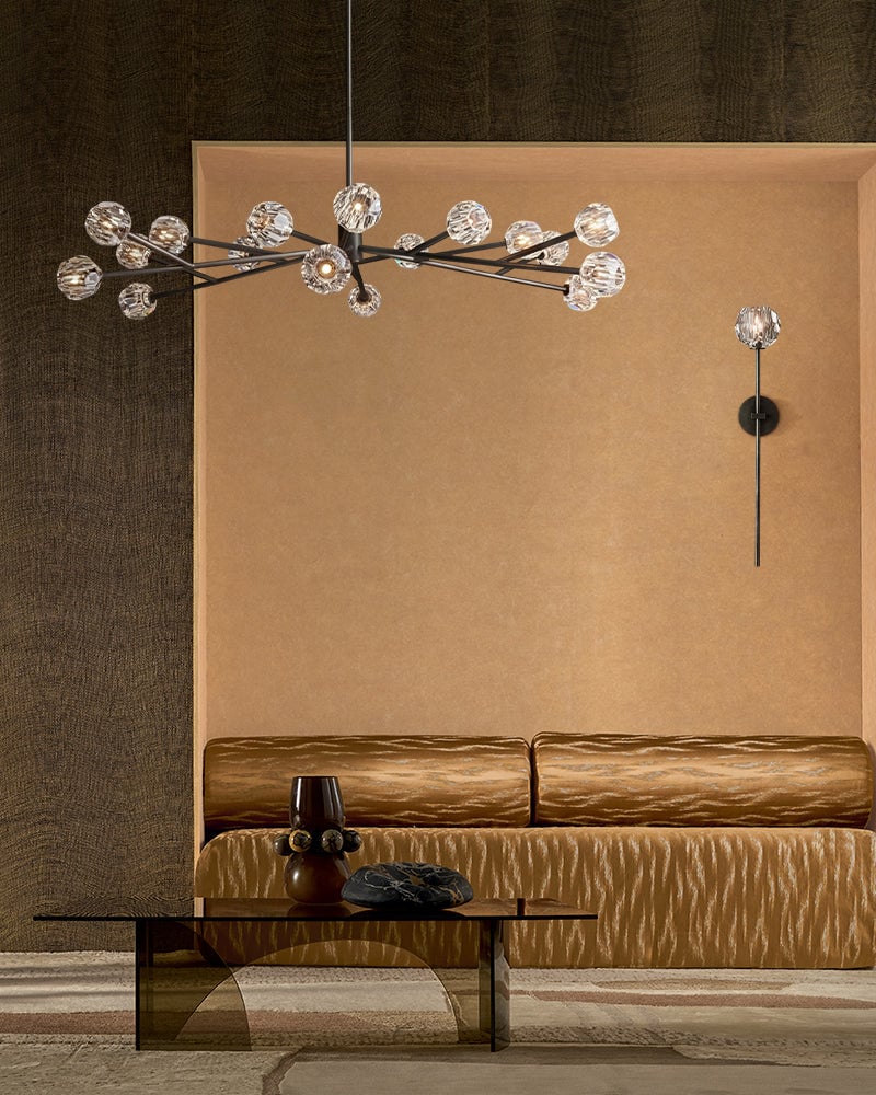 LightsStory Series Prismatic Chandelier | Linear Faceted Orb Hand-ground and polished faceted crystal orbs, Aged Brass and Black framework for Dining Rooms and Kitchen Islands Modern Pendant lamp