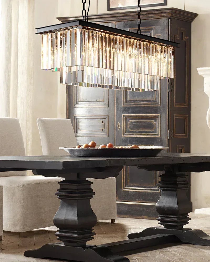 LightsStory Series Prismatic Chandelier | Linear Multi-Crystal Multi-crystal droplets with iron frame, Brushed Gold for Dining rooms, entries, and living areas American Vintage chandelier lamp
