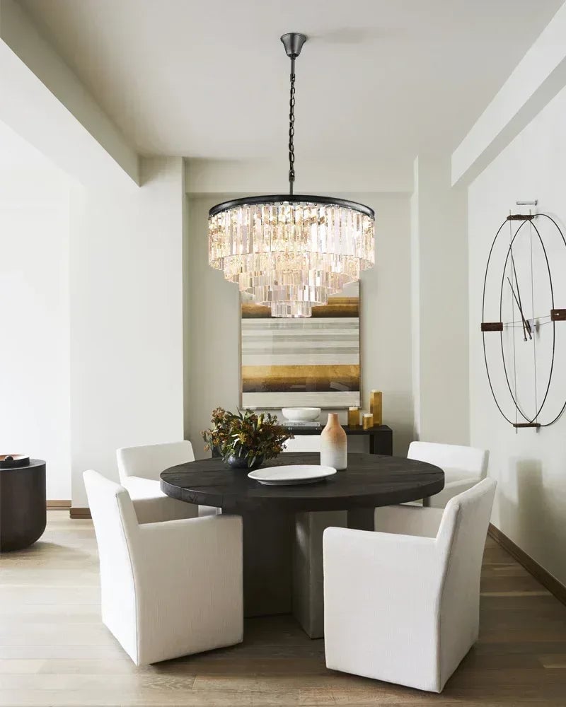 LightsStory Series Prismatic Chandelier | Multi-Tier Rectangular Precision-cut triangular crystal rods and sturdy iron frame, Brushed Gold finish for Dining Rooms and Grand Foyers American chandelier