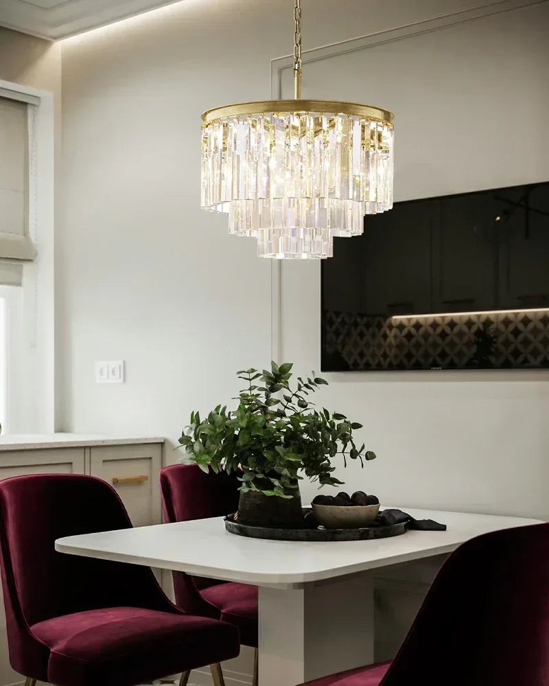 LightsStory Series Prismatic Chandelier | Multi-Tier Rectangular Precision-cut triangular crystal rods and sturdy iron frame, Brushed Gold finish for Dining Rooms and Grand Foyers American chandelier