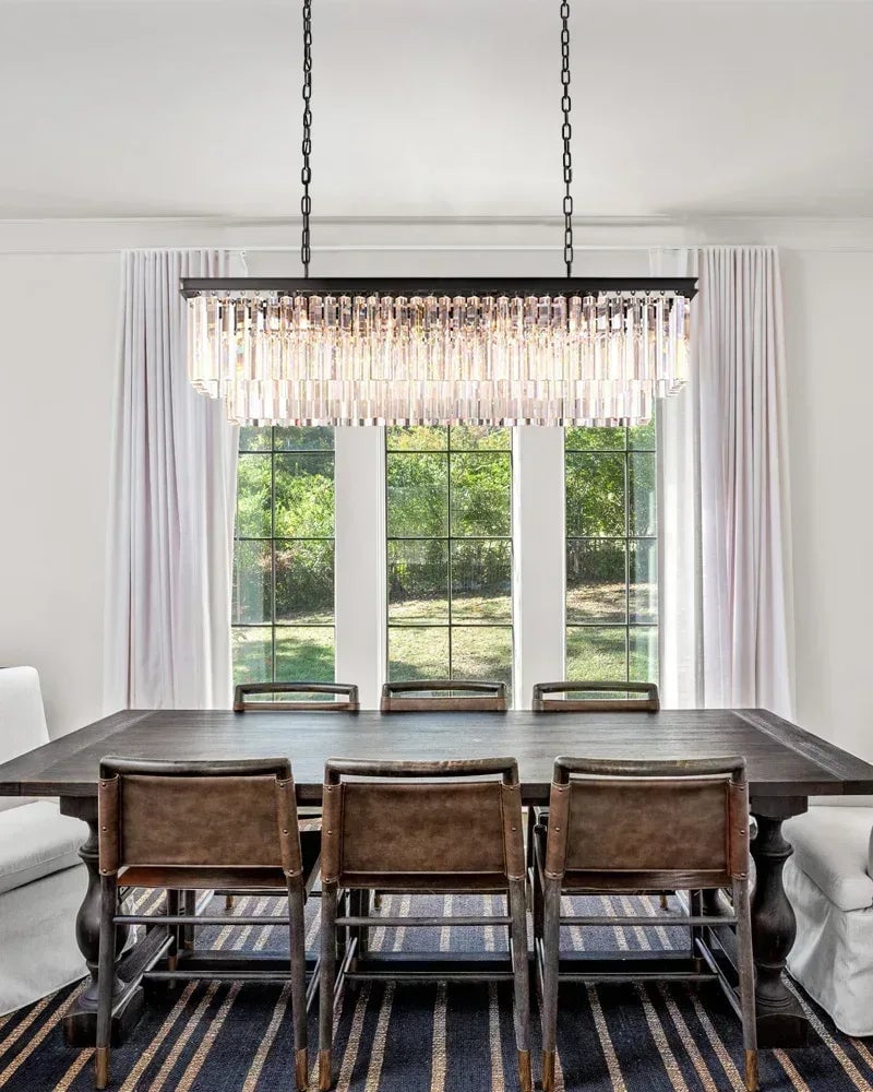 LightsStory Series Prismatic Chandelier | Rectangular Multi-Crystal Brushed matte black or gold iron frame with multi-crystal droplets, Brushed Matte Black or Luxe Gold for Kitchen Islands, Dining Rooms, and Grand Foyers American Vintage chandelier lamp