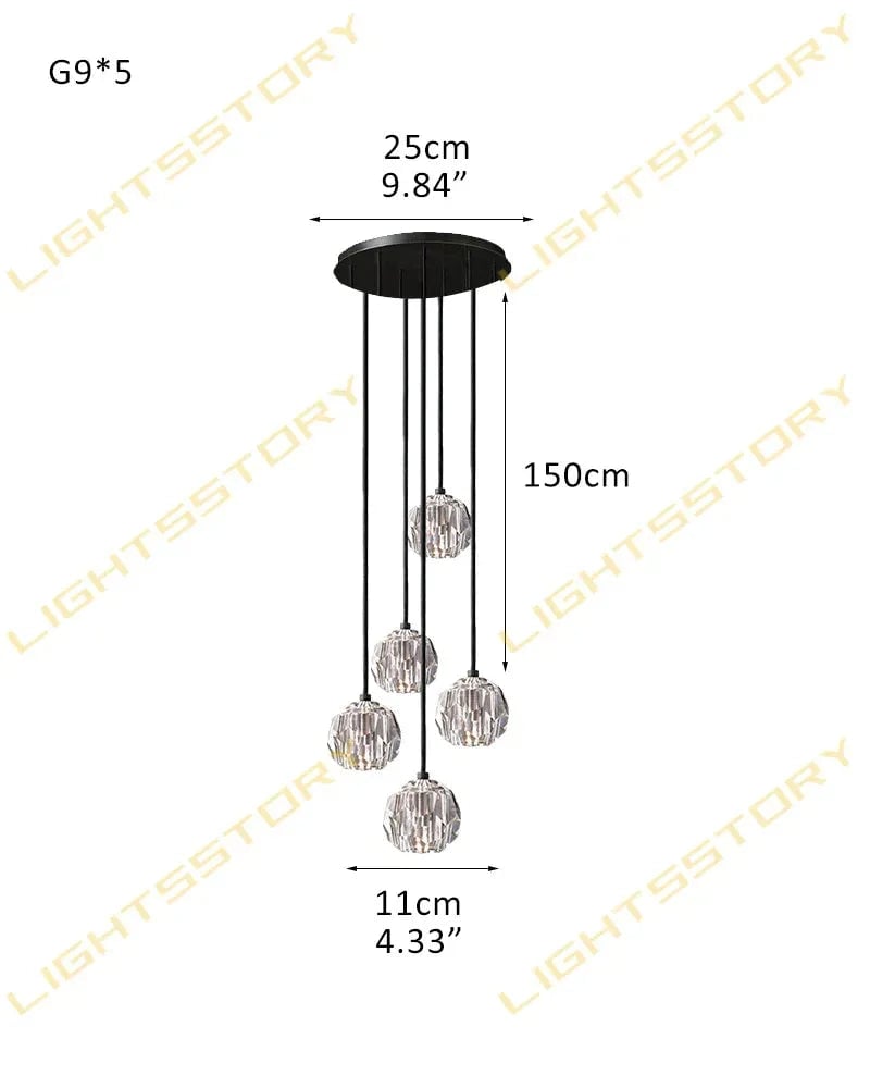 LightsStory Series Prismatic Chandelier | Spherical Silhouette Solid brass and hand-faceted polished crystal, Premium Gold and Brass finish for Modern dining rooms and high-ceiling entryways 5 light-D11cm D4.33" Clear Crystal + Black Base Modern Pendant lamp