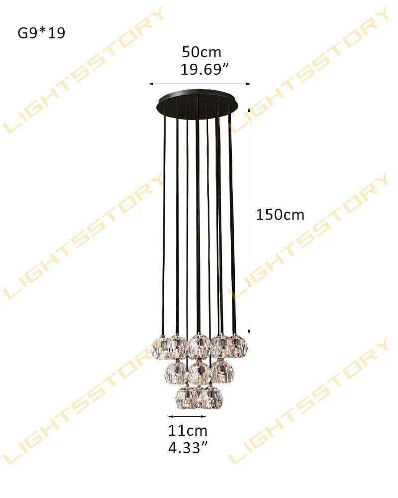 LightsStory Series Prismatic Chandelier | Spherical Silhouette Solid brass and hand-faceted polished crystal, Premium Gold and Brass finish for Modern dining rooms and high-ceiling entryways 19 light-D11cm D4.33" Clear Crystal + Black Base Modern Pendant lamp