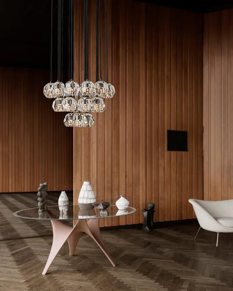 LightsStory Series Prismatic Chandelier | Spherical Silhouette Solid brass and hand-faceted polished crystal, Premium Gold and Brass finish for Modern dining rooms and high-ceiling entryways Modern Pendant lamp