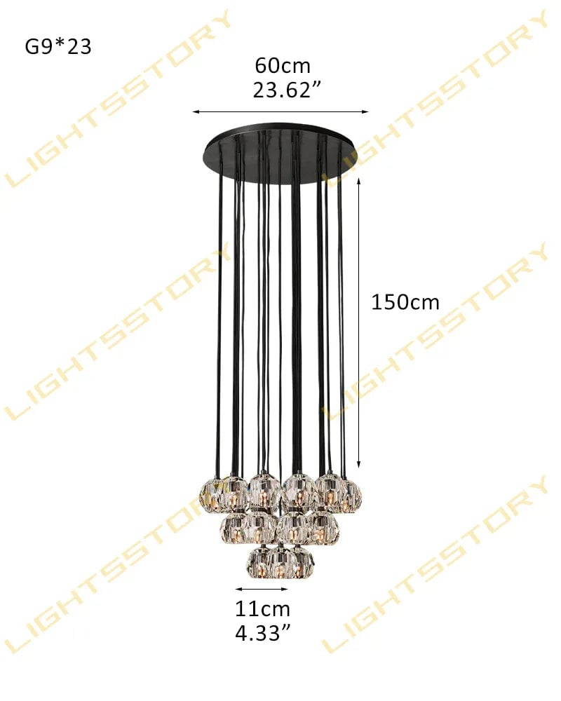LightsStory Series Prismatic Chandelier | Spherical Silhouette Solid brass and hand-faceted polished crystal, Premium Gold and Brass finish for Modern dining rooms and high-ceiling entryways 23 light-D11cm D4.33" Clear Crystal + Black Base Modern Pendant lamp