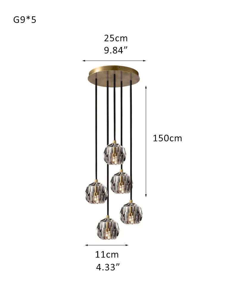 LightsStory Series Prismatic Chandelier | Spherical Solid brass and hand-faceted polished crystal, Premium Polished Brass for Modern Dining Rooms and Entryways 5 light-D11cm D4.33" Clear Crystal + Gold Base Modern Pendant lamp
