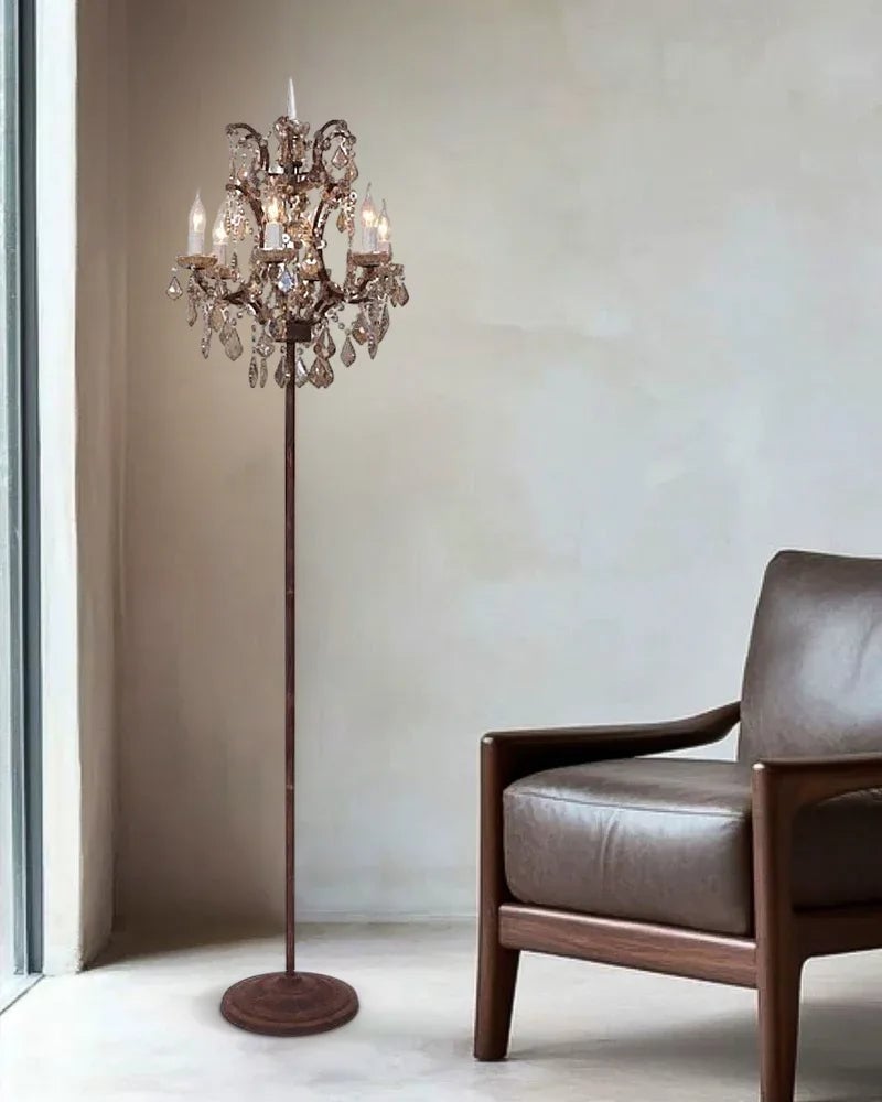 LightsStory Series Prismatic Floor Lamp | Cut Crystal Candelabra Intricate cut crystal and raw metal frame with deep brown fabric shade, Gold and Chrome contrast finish for Living rooms, bedrooms, and entryways American standing floor lamp