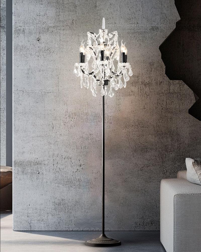 LightsStory Series Prismatic Floor Lamp | Cut Crystal Candelabra Intricate cut crystal and raw metal frame with deep brown fabric shade, Gold and Chrome contrast finish for Living rooms, bedrooms, and entryways American standing floor lamp