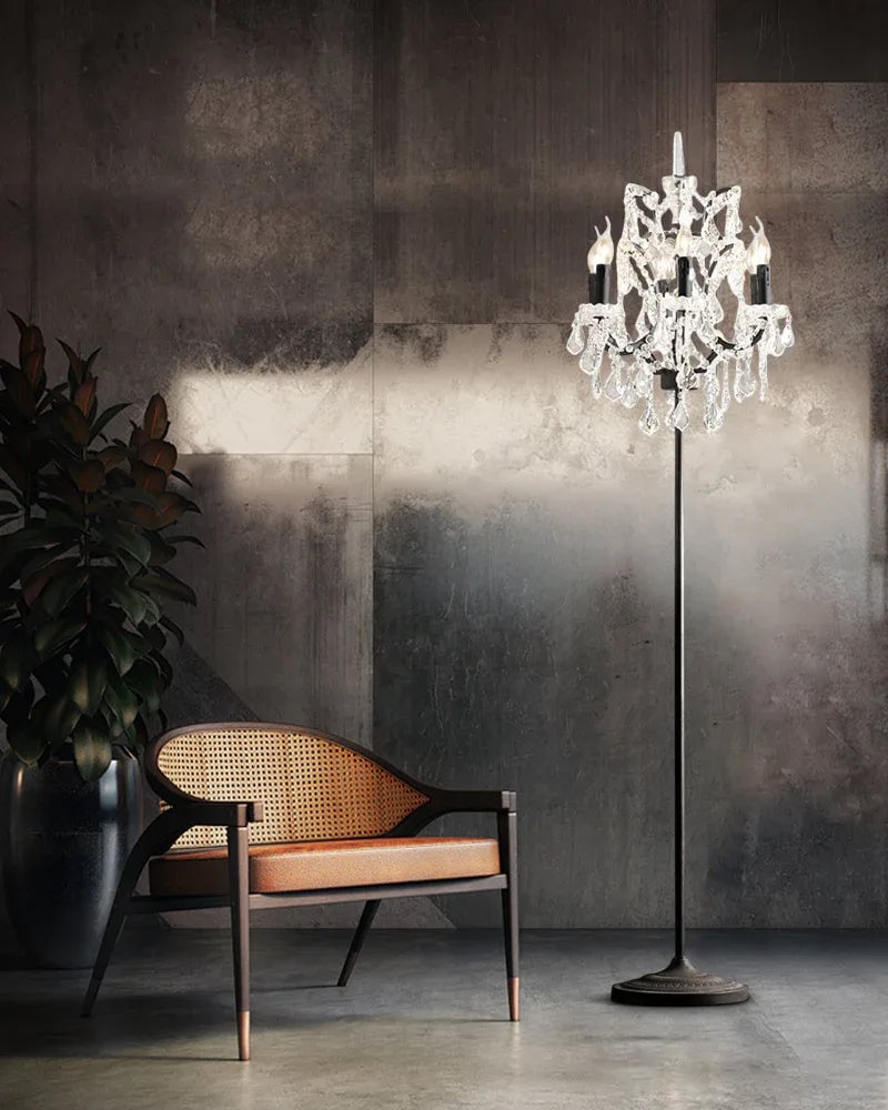 LightsStory Series Prismatic Floor Lamp | Cut Crystal Candelabra Intricate cut crystal and raw metal frame with deep brown fabric shade, Gold and Chrome contrast finish for Living rooms, bedrooms, and entryways American standing floor lamp