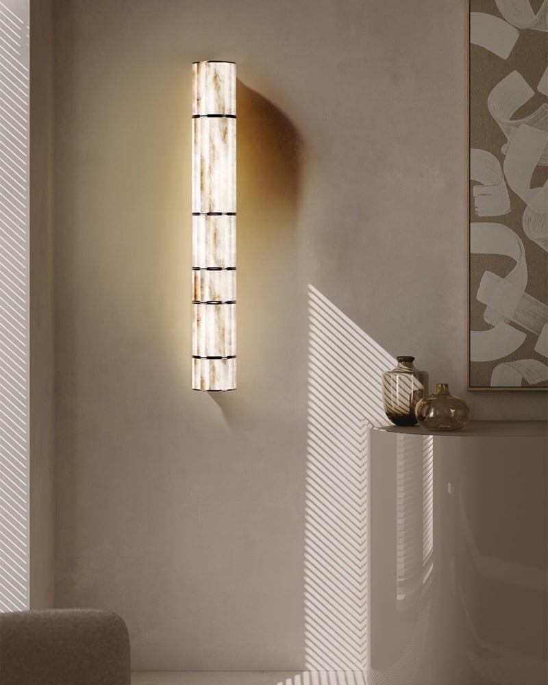 LightsStory Series Prismatic Pendant Light | Linear Natural luminous alabaster with leather strap suspension, Natural Alabaster finish for Dining tables, grand foyers, and high-end lobbies Modern Pendant lamp