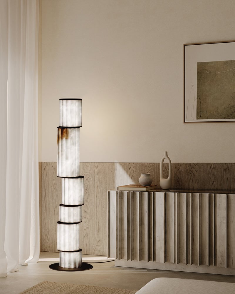 LightsStory Series Prismatic Pendant Light | Linear Natural luminous alabaster with leather strap suspension, Natural Alabaster finish for Dining tables, grand foyers, and high-end lobbies Modern Pendant lamp