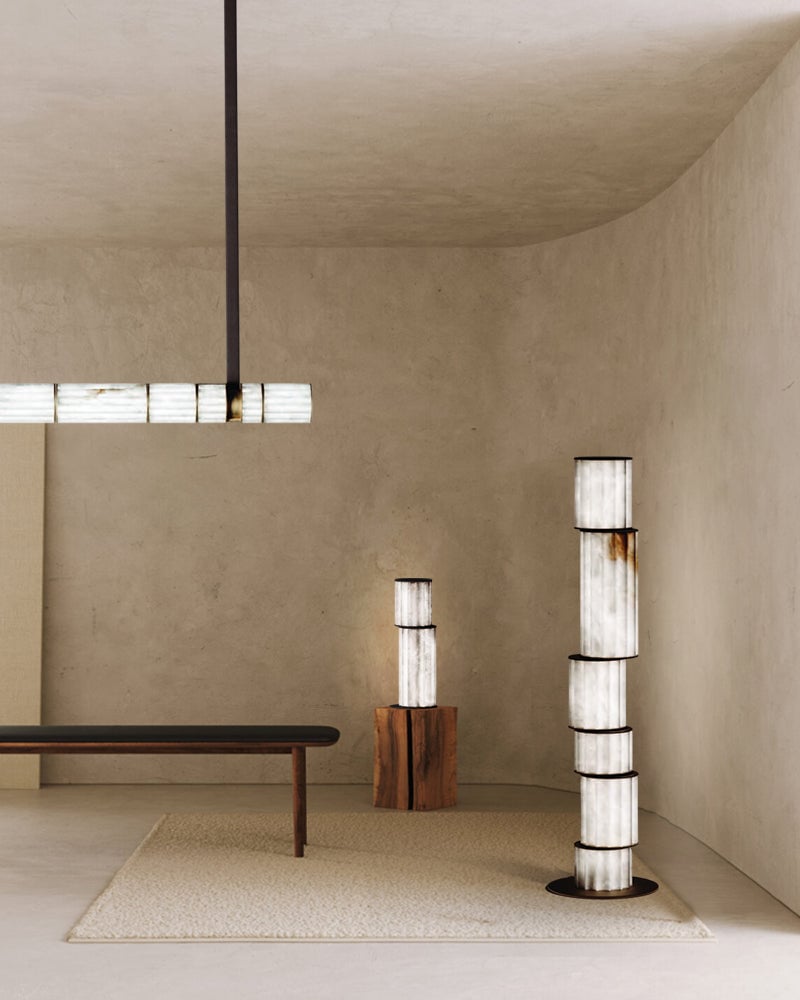 LightsStory Series Prismatic Pendant Light | Linear Natural luminous alabaster with leather strap suspension, Natural Alabaster finish for Dining tables, grand foyers, and high-end lobbies Modern Pendant lamp