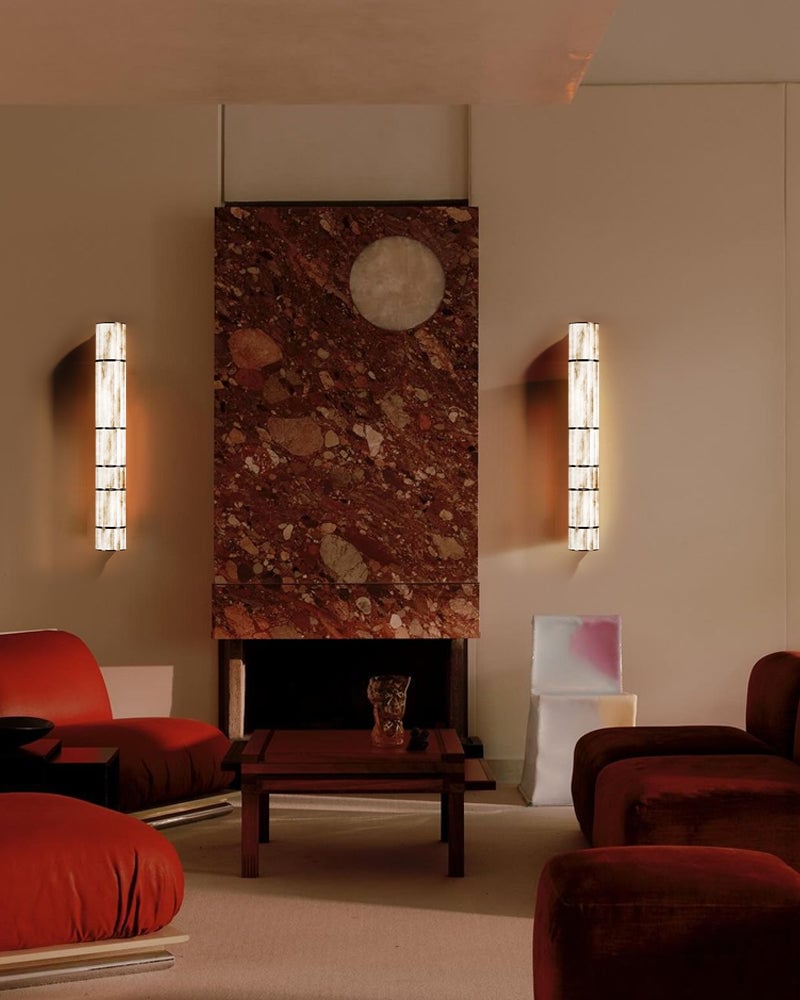 LightsStory Series Prismatic Pendant Light | Linear Natural luminous alabaster with leather strap suspension, Natural Alabaster finish for Dining tables, grand foyers, and high-end lobbies Modern Pendant lamp