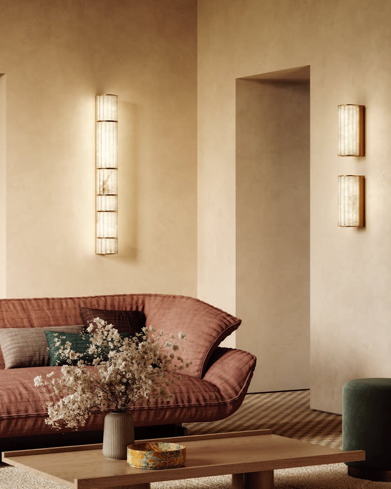 LightsStory Series Prismatic Pendant Light | Linear Natural luminous alabaster with leather strap suspension, Natural Alabaster finish for Dining tables, grand foyers, and high-end lobbies Modern Pendant lamp