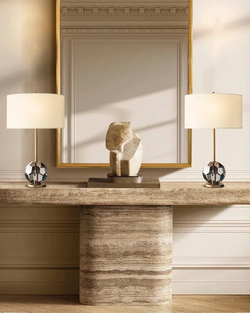 LightsStory Series Prismatic Table Lamp | Faceted Crystal Sphere Solid brass and hand-polished crystal spheres with a neutral fabric linen shade, Black, Brass, and Nickel finish for Desks, consoles, and bedside tables Modern Table lamp
