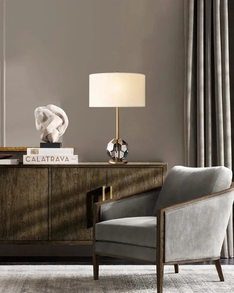 LightsStory Series Prismatic Table Lamp | Faceted Crystal Sphere Solid brass and hand-polished crystal spheres with a neutral fabric linen shade, Black, Brass, and Nickel finish for Desks, consoles, and bedside tables Modern Table lamp