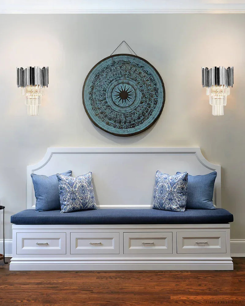 LightsStory Series Prismatic Wall Light | 4-Tier Crystal Rods Brushed brass aluminum base and chrome frame with crystal rods, Chrome and Brushed Brass for Stairwells, entryways, and bedside Flush Mounted Wall Sconce Lamp